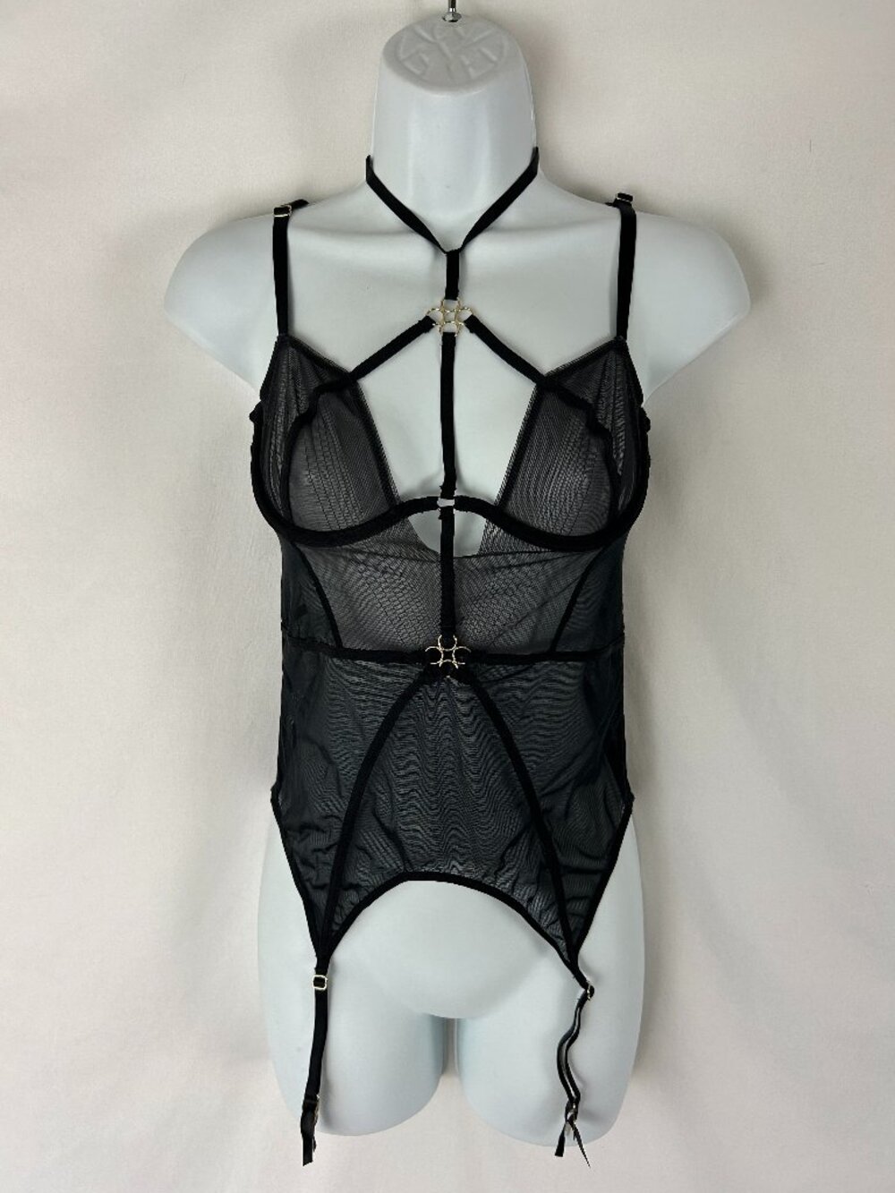 Adore Me Sheer Strappy Choker Teddy w Garter Straps 34B